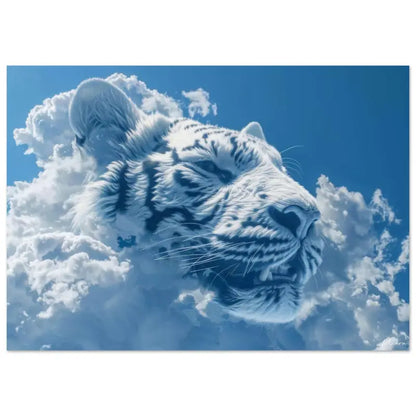 Un portrait saisissant de tête de tigre blanc avec des rayures noires intricées, rendu dans une estampe artistique stylisée sur un fond de ciel bleu vibrant.