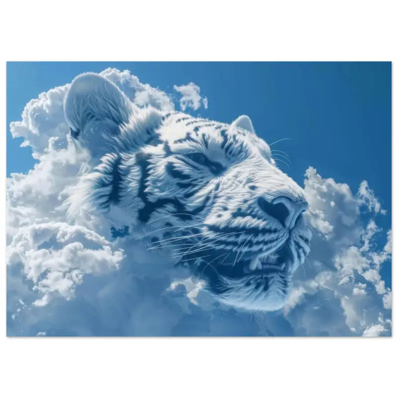Un tigre blanc frappant aux rayures noires audacieuses émerge de nuages moelleux sur un ciel bleu vibrant.