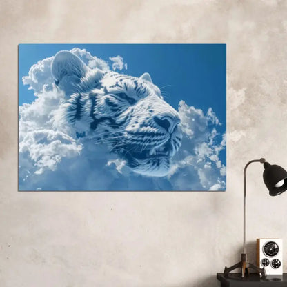 Une impression sur toile frappante en bleu et blanc mettant en scène un tigre blanc serein émergeant de nuages moelleux sur fond d’un ciel vif.