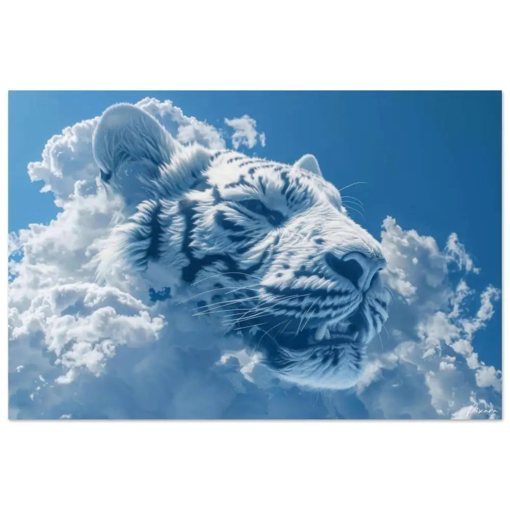 Un tigre blanc saisissant aux rayures noires audacieuses émerge d’une mer de nuages moelleux et bleu vif sur un ciel éclatant.