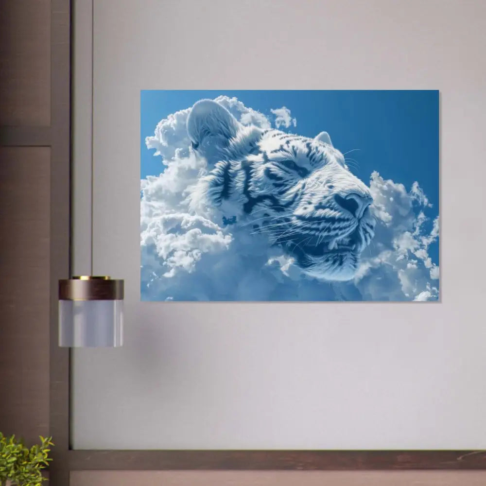 Un portrait saisissant d’un tigre blanc sur toile, mettant en vedette des rayures noires audacieuses et une expression sereine sur un fond de ciel bleu vibrant.