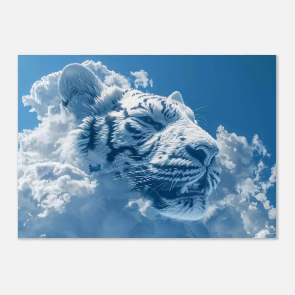 Une tête de tigre blanc frappante aux rayures noires audacieuses émerge de formations duveteuses semblables à des nuages sur un ciel bleu vibrant.