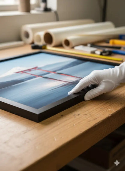 Œuvre d’art encadrée en noir représentant un pont rouge au-dessus d’une eau bleue.