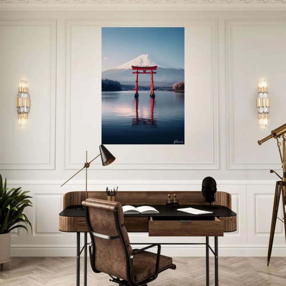 Une photographie encadrée du mont Fuji avec une porte torii rouge reflétée dans une eau calme, affichée sur un mur à panneaux blancs.