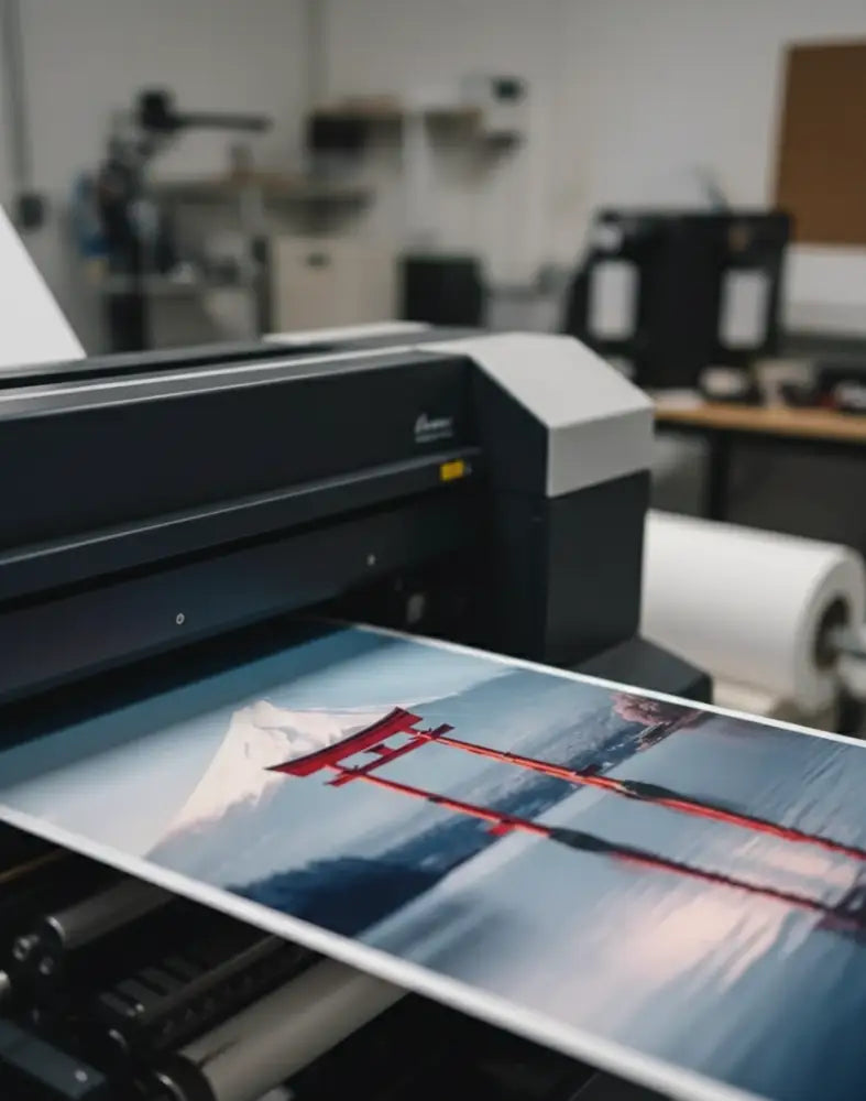Un portail torii rouge vibrant imprimé sur un rouleau de papier grand format, mettant en valeur son design intricé sur le fond serein du mont Fuji.