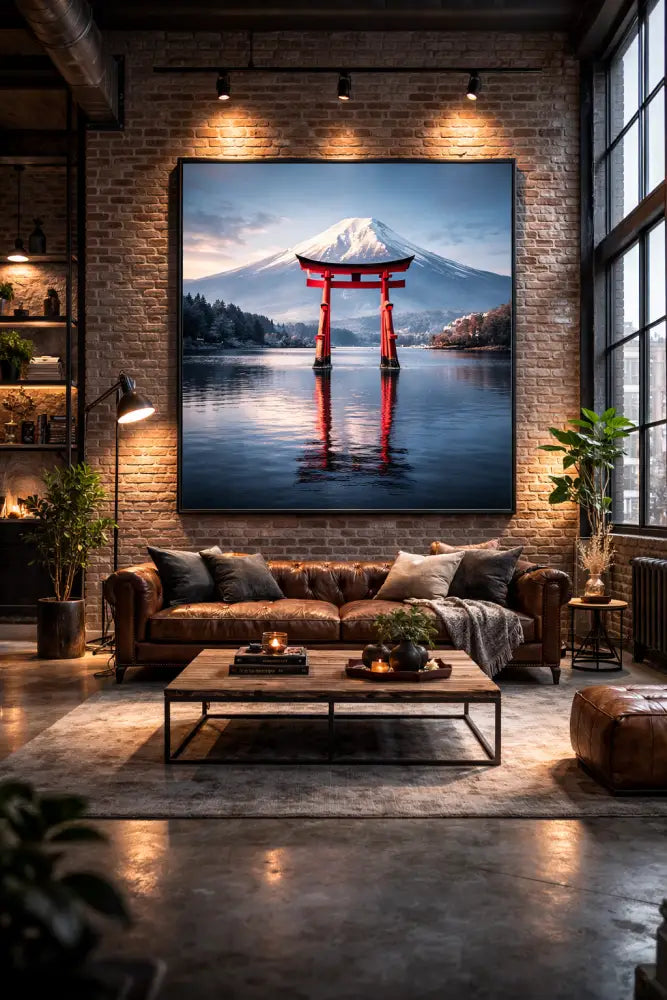 Une porte torii rouge frappante se dresse de manière proéminente au centre d’un lac serein, avec le mont Fuji enneigé se dressant majestueusement derrière elle sous un ciel crépusculaire doux.