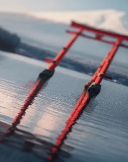 Portail torii en bois rouge vibrant se reflétant dans l’eau calme avec un arrière-plan de montagne enneigée