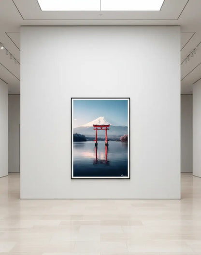 Une photographie encadrée d’une porte torii rouge se reflétant dans une eau calme avec le mont Fuji en arrière-plan.