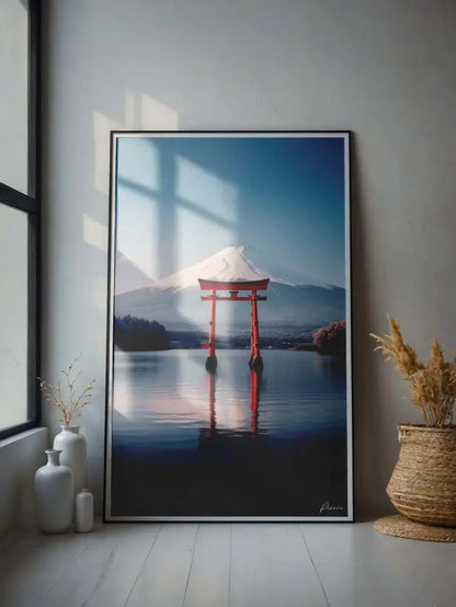 Une photographie encadrée mettant en vedette une porte torii rouge vibrante reflétée dans une eau calme avec le pic enneigé du mont Fuji se dressant derrière elle, sur fond d’un ciel bleu serein.