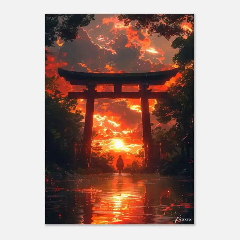 Une œuvre d’art numérique frappante représentant une porte torii japonaise traditionnelle silhouettée contre un coucher de soleil orangé et rouge ardent, avec des reflets scintillant sur le sol mouillé en dessous.