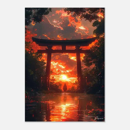Une œuvre d’art numérique frappante présentant une porte torii japonaise traditionnelle silhouettée contre un coucher de soleil orangé et rouge ardent, avec son reflet scintillant sur le sol mouillé.