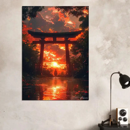 Une œuvre d’art numérique vibrante dépeignant une porte torii japonaise traditionnelle silhouettée contre un coucher de soleil intense orange et rouge, avec des reflets scintillants sur le sol mouillé en dessous.