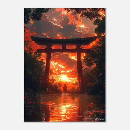 Une œuvre d’art numérique frappante mettant en scène une porte torii japonaise traditionnelle silhouettée contre un coucher de soleil orange et rouge ardent, avec son reflet scintillant sur le sol humide.