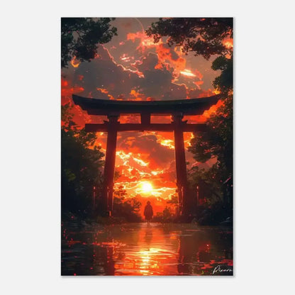 Une œuvre d’art numérique frappante présentant une porte torii japonaise traditionnelle silhouettée contre un ciel de coucher de soleil orange et rouge ardent, avec des reflets scintillant sur le sol mouillé en dessous.