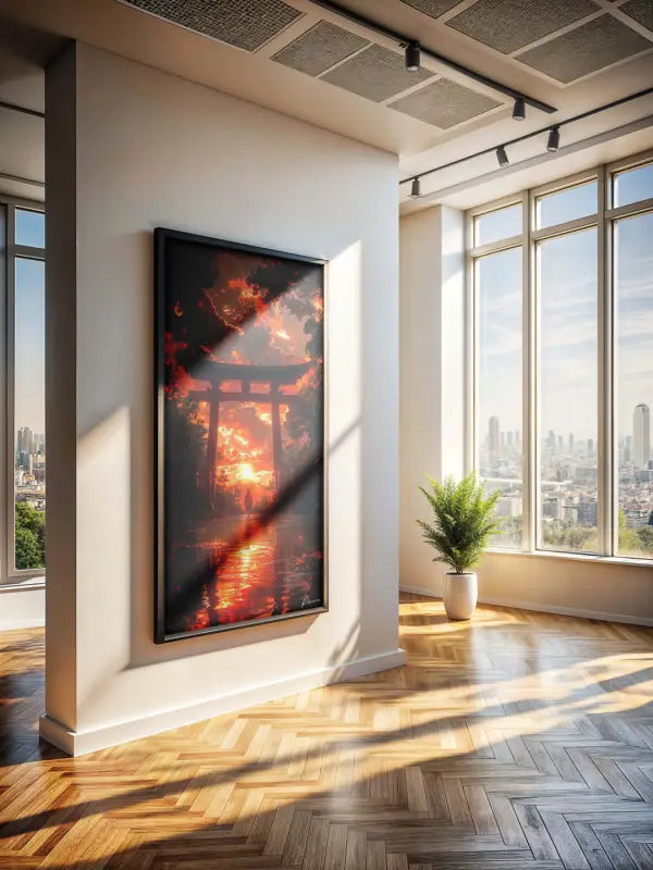 Une œuvre d’art encadrée représentant une porte torii au coucher du soleil avec des teintes orange et rouge ardentes, sur un fond sombre.