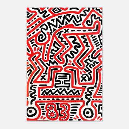 Une œuvre d’art abstraite vibrante en rouge et noir présentant des lignes audacieuses et énergiques sur un fond blanc.