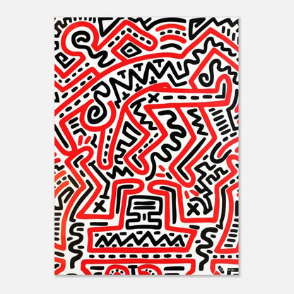 Art abstrait en lignes rouges et noires vibrantes sur une toile blanche, présentant des motifs géométriques audacieux et des designs en zigzag énergiques.