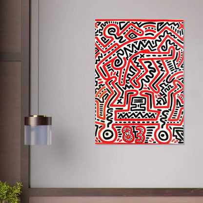 Œuvre d’art abstraite vibrante en rouge et noir avec des lignes audacieuses et énergiques sur un fond blanc.