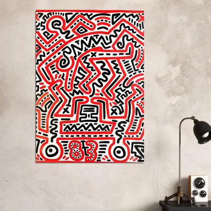 Impression sur toile abstraite vibrante en rouge et noir présentant un travail de lignes audacieux et énergique dans un style signature de Keith Haring.