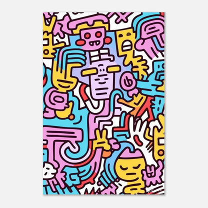 Affiche vibrante de style cartoon mettant en scène des personnages abstraits audacieux et colorés en rose, jaune, bleu et rouge sur un fond blanc.