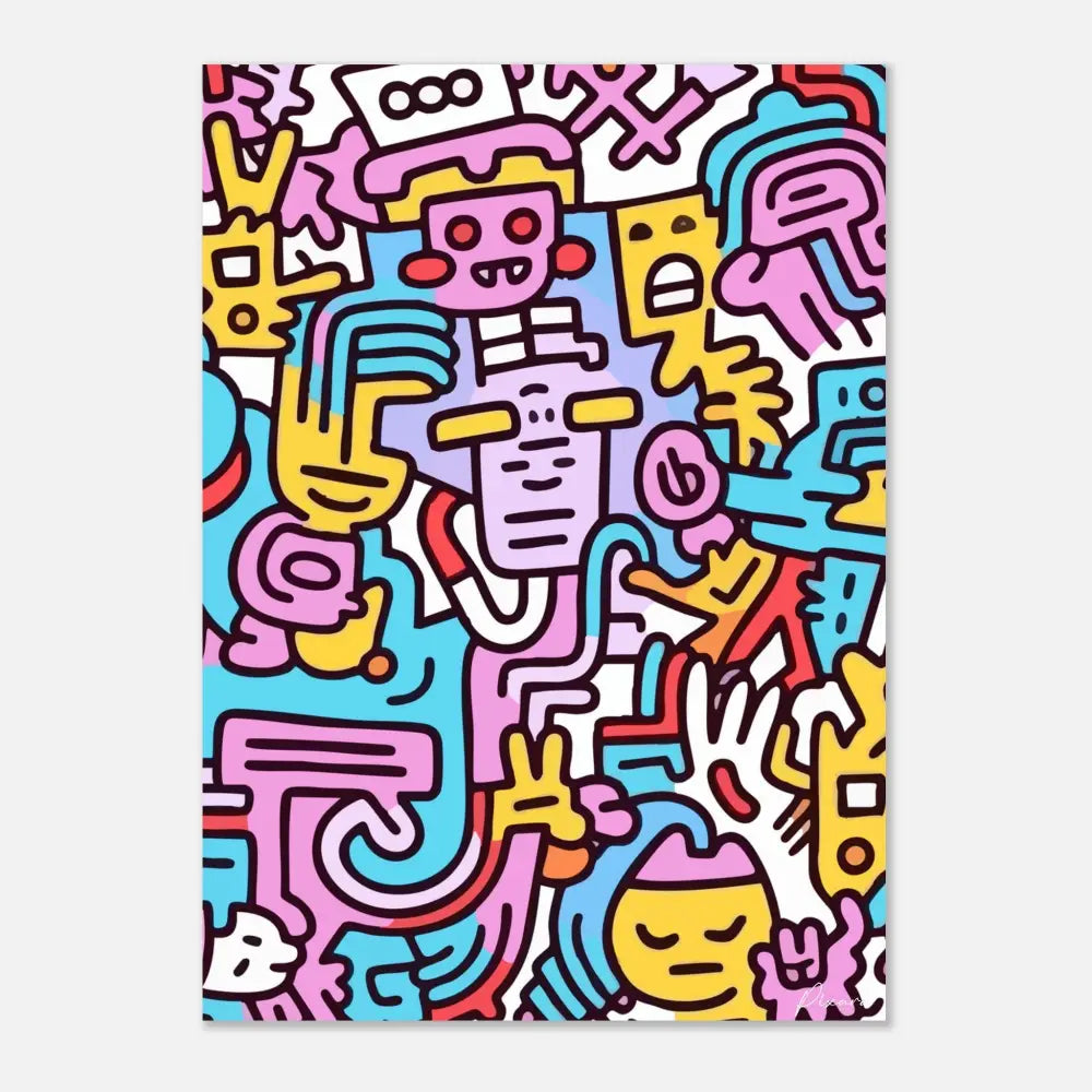 Affiche vibrante de style cartoon présentant un motif dense de personnages fantaisistes aux contours en rose, jaune, bleu et rouge vifs sur un fond blanc.
