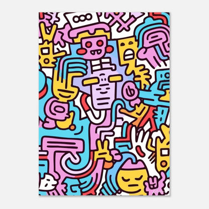 Affiche vibrante de style cartoon présentant un motif dense de personnages fantaisistes aux contours en rose, jaune, bleu et rouge vifs sur un fond blanc.