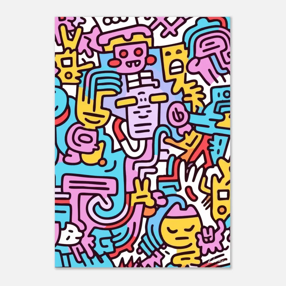 Affiche vibrante de style cartoon mettant en scène des personnages abstraits audacieux et colorés en rose, jaune, bleu et rouge sur un fond blanc.