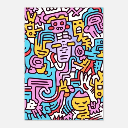 Affiche vibrante de style cartoon mettant en scène des personnages abstraits audacieux et colorés en rose, jaune, bleu et rouge sur un fond blanc.