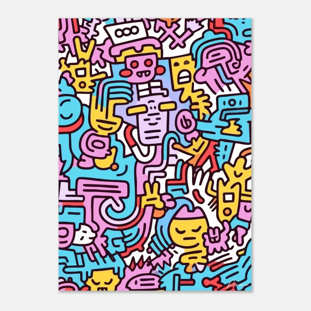 Impression d’art abstrait cartoon vibrant présentant un motif dense de visages et de formes stylisés dans des tons audacieux de rose, jaune, bleu et orange.