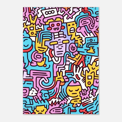 Impression d’art abstrait cartoon vibrant présentant un motif dense de visages et de formes stylisés dans des tons audacieux de rose, jaune, bleu et orange.