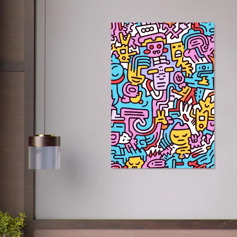 Art mural coloré et vibrant de style cartoon représentant des personnages abstraits en rose, bleu, jaune et blanc sur une toile.