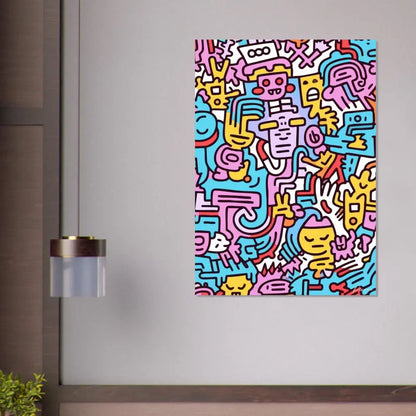 Art mural coloré et vibrant de style cartoon représentant des personnages abstraits en rose, bleu, jaune et blanc sur une toile.