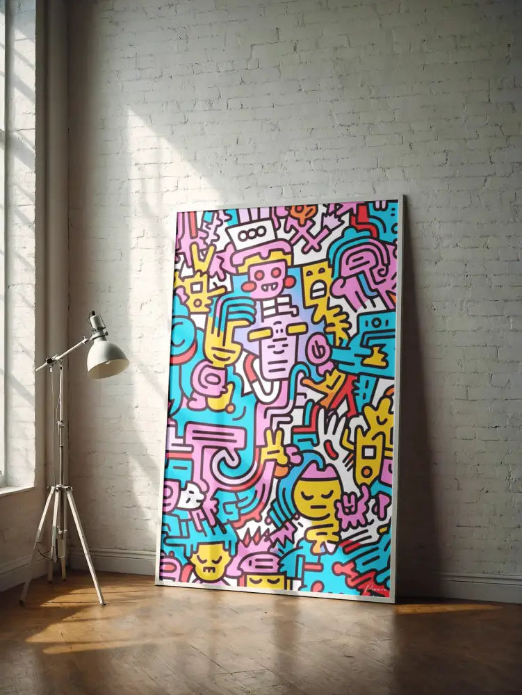 Peinture sur toile vibrante et colorée de style graffiti avec des personnages cartoon aux couleurs vives en rose, bleu, jaune et rouge sur un cadre blanc.