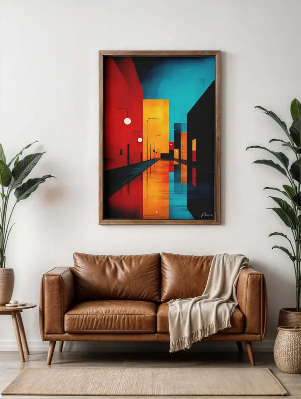 Canapé en cuir marron avec une couverture à franges beige drapée sur un accoudoir.