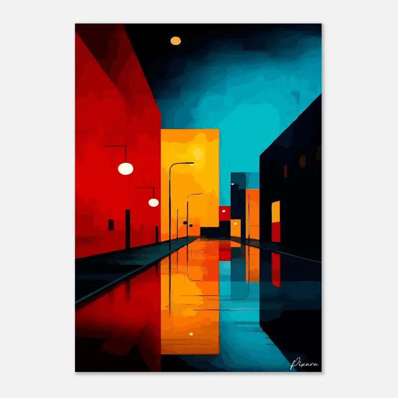 Peinture abstraite vibrante de scène de rue présentant des teintes audacieuses de rouge, orange et turquoise avec un trottoir mouillé réfléchissant.