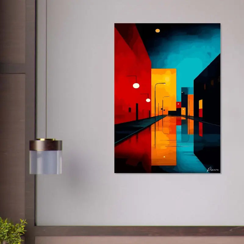 Peinture sur toile de scène de rue abstraite vibrante mettant en vedette des teintes audacieuses de rouge, orange et turquoise avec un trottoir mouillé réfléchissant.