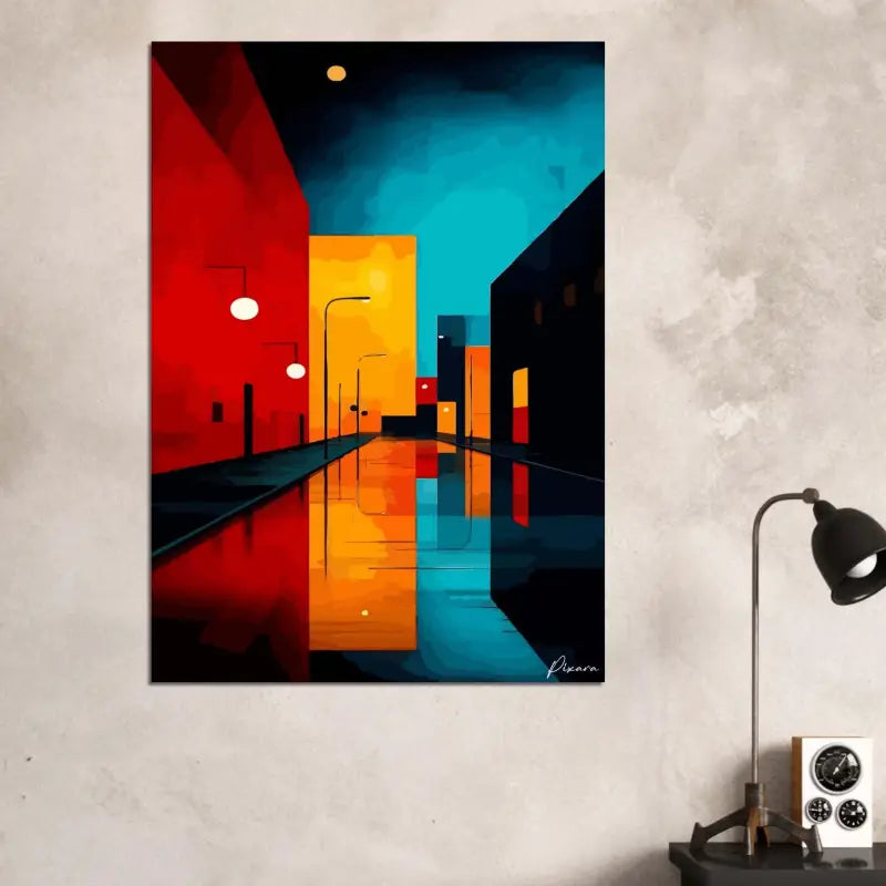Peinture sur toile abstraite vibrante de paysage urbain présentant des teintes audacieuses de rouge, orange et turquoise avec un trottoir mouillé réfléchissant.