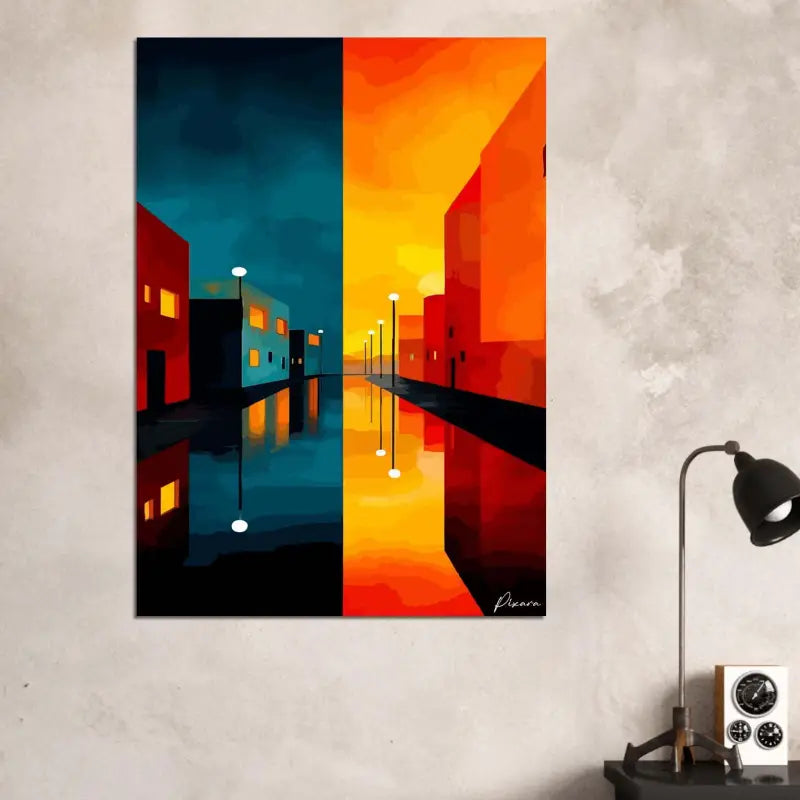 Peinture sur toile de paysage urbain abstrait vibrant présentant des moitiés verticales en orange audacieux et en teal avec de l’eau réfléchissante, rendue dans un style d’art numérique moderne.
