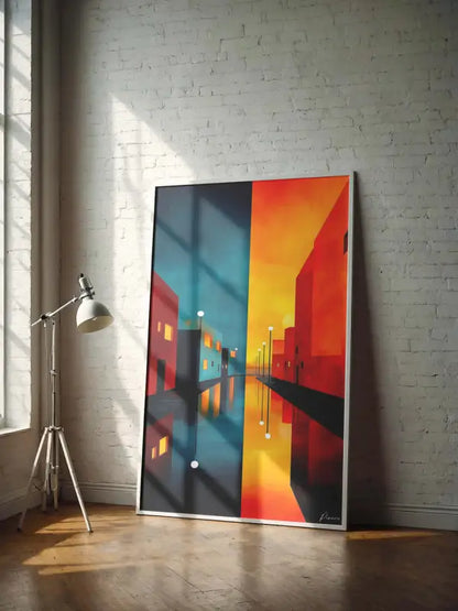 Une peinture abstraite vibrante de paysage urbain avec des teintes audacieuses de rouge, orange et turquoise dans un cadre moderne.