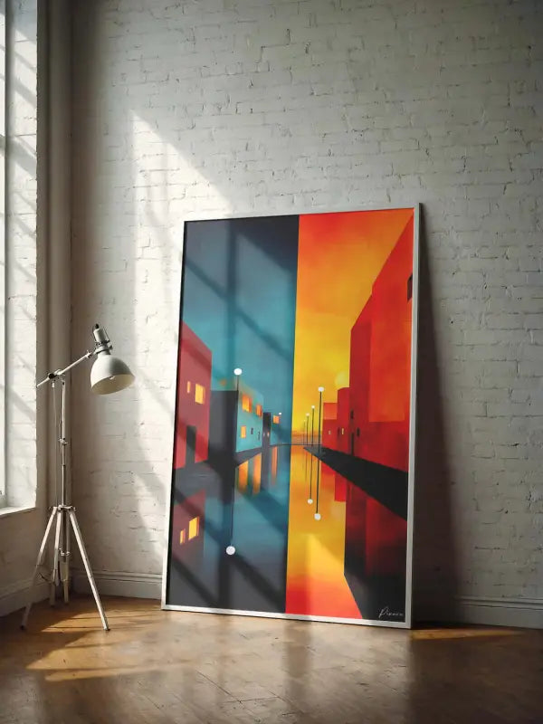 Une peinture abstraite vibrante de paysage urbain avec des teintes audacieuses de rouge, orange et turquoise dans un cadre moderne.