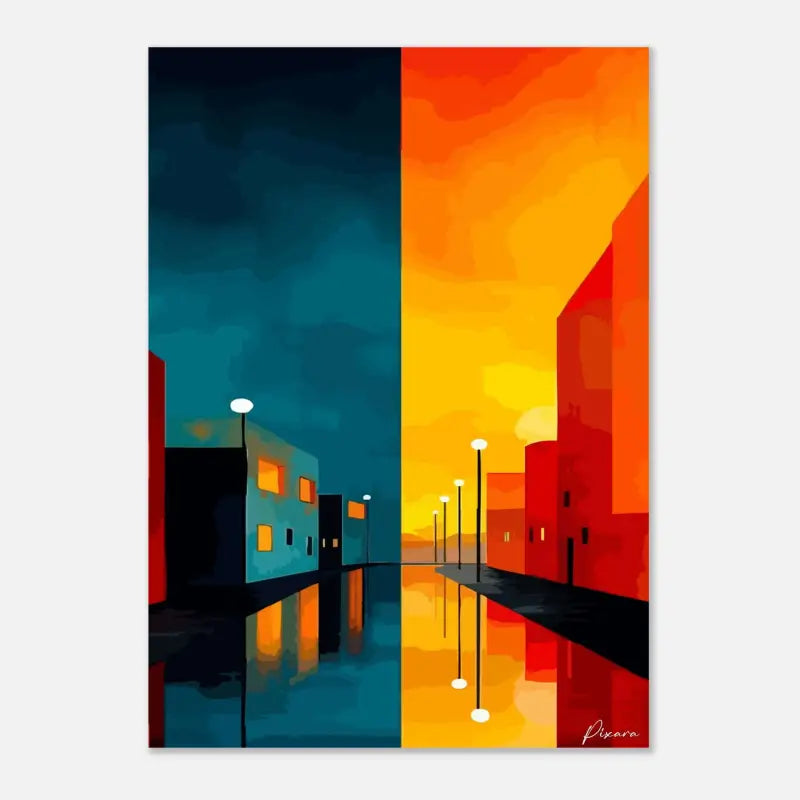 Peinture abstraite de paysage urbain divisée verticalement, avec le côté gauche en teintes de bleu-vert profond et bleu marine reflétant les tons chauds d’orange et de jaune du coucher de soleil sur la droite.