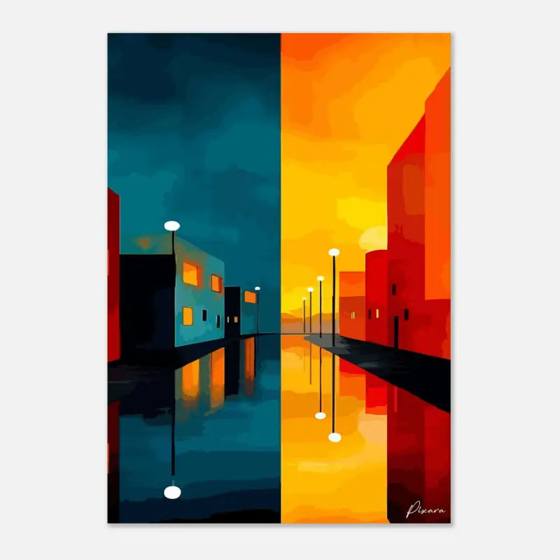 Peinture abstraite stylisée représentant une scène de rue urbaine divisée avec des teintes vives orange et bleu-vert profond, mettant en scène des bâtiments, des lampadaires et leurs reflets dans l’eau.
