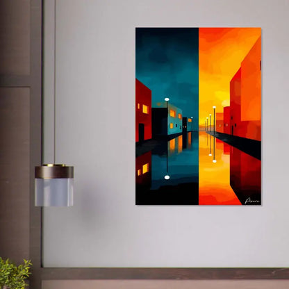Peinture sur toile de scène de rue abstraite vibrante divisée verticalement entre une nuit bleue fraîche et un coucher de soleil orange chaud, présentant des bâtiments stylisés avec des fenêtres lumineuses reflétées sur un pavé mouillé.