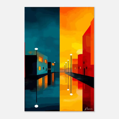 Peinture abstraite stylisée dépeignant une scène de rue urbaine divisée avec des teintes audacieuses de turquoise et d’orange, présentant des bâtiments minimalistes et de l’eau réfléchissante.