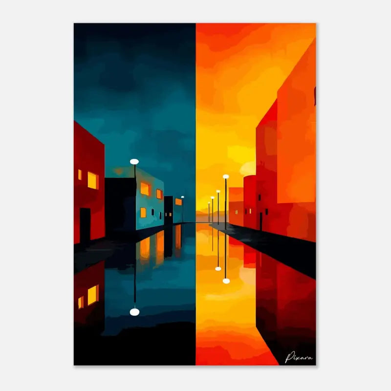 Œuvre d’art numérique stylisée dépeignant une scène de rue divisée avec un côté en tons bleus froids et teal sous un ciel nocturne, l’autre en nuances chaudes orange et rouge pendant le coucher du soleil.