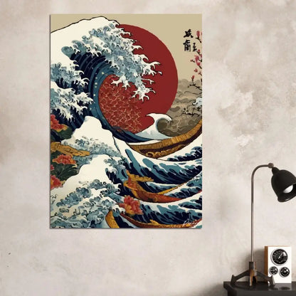 Une estampe vibrante et stylisée de La Grande Vague de Kanagawa par Hokusai, présentant une vague bleue imposante qui s’élève contre un soleil rouge audacieux et des cerisiers en fleurs.