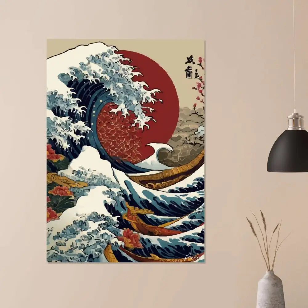 Une impression sur toile vibrante et stylisée de la grande vague de Kanagawa avec un soleil rouge audacieux et des vagues bleu foncé s’écrasant sur des bateaux en bois.
