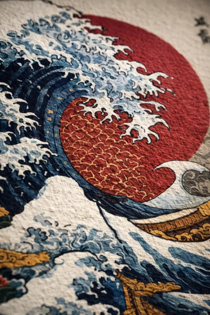 Un tapis texturé présentant une représentation détaillée de la grande vague de Kanagawa, avec des vagues bleu foncé s’écrasant autour d’un soleil rouge vibrant.