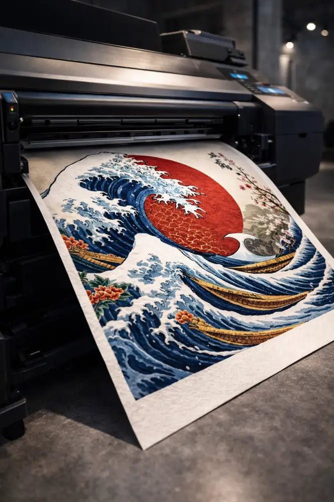 Une impression vibrante et haute résolution de « la grande vague de Kanagawa » par Hokusai, rendue en bleus et rouges riches sur une surface de papier texturée.