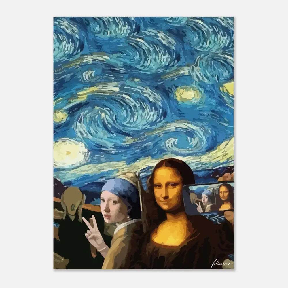 Une impression sur toile vibrante et stylisée mettant en scène la Joconde et la Jeune Fille aux perles sous des ciels étoilés bleus tourbillonnants.